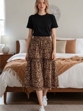 I Love Leopard Print Tiered Midi/Maxi Skirt Size L Lined Boho Animal Print